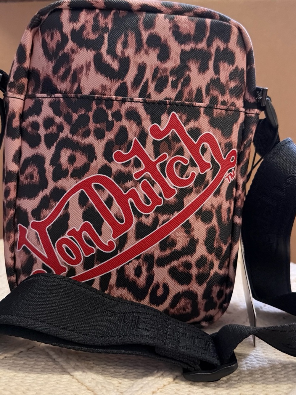 Von Dutch Pink and Black Leopard Print Crossbody Bag with Red Logo